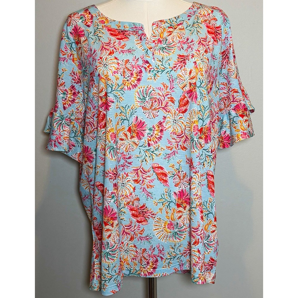 Stella Parker Collection Blue Floral Round Neck Ruffle Sleeve Blouse XL NWT